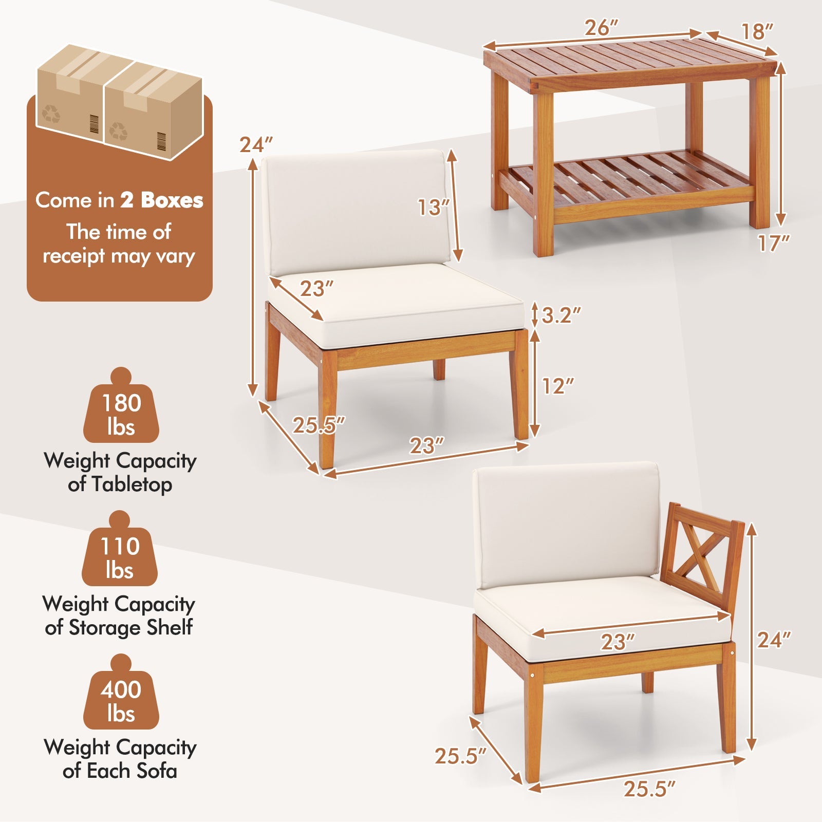 5 Pieces Acacia Wood Patio Furniture Set Outdoor Sectional Conversation Set with Cushions-Off White
