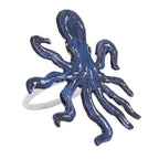 Fennco Styles Coastal Octopus Brass Napkin Rings, Set of 4 - Navy Blue Metal Napkin Holders for Beach House, Nautical Party Decorations, Home, Banquet and Special Event