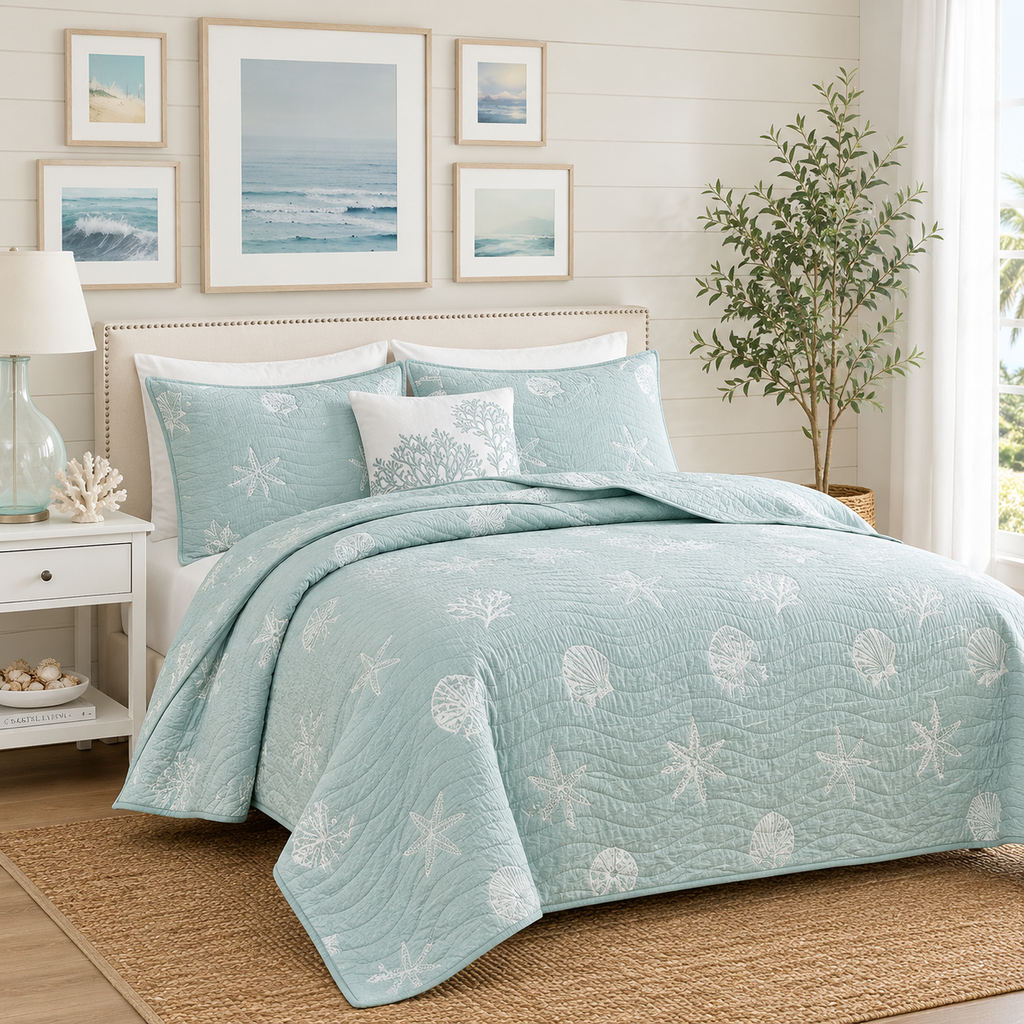 Aqua Tides Reversible Coastal Quilt Set – 4 Piece King/Cal King