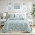 4 Piece Cotton Reversible Embroidered Quilt Set with Throw Pillow Aqua King/Cal King