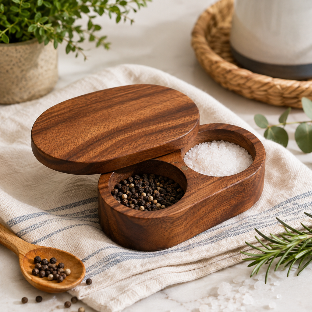 Acacia Wood Salt & Pepper Pinch Pot